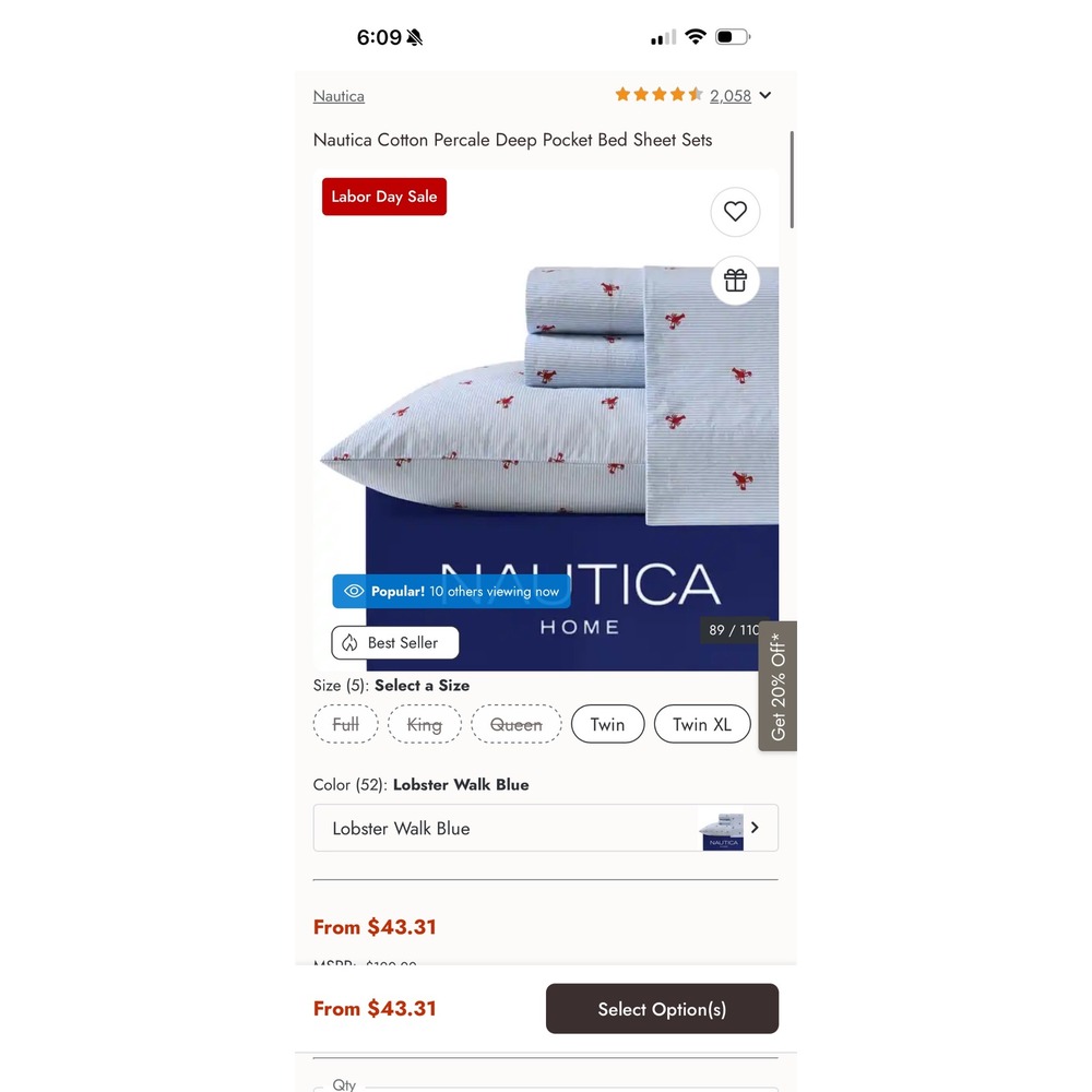 Nautica Cotton Percale Deep Pocket Bed Sheet Set Lobster Walk Blue Nautical